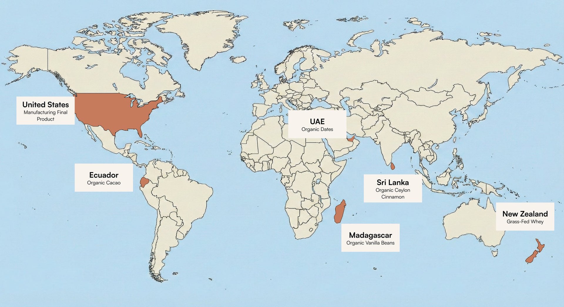 World map showing TIDLOS ingredient sourcing locations: New Zealand, Madagascar, Sri Lanka, UAE, Ecuador, and manufacturing in the United States